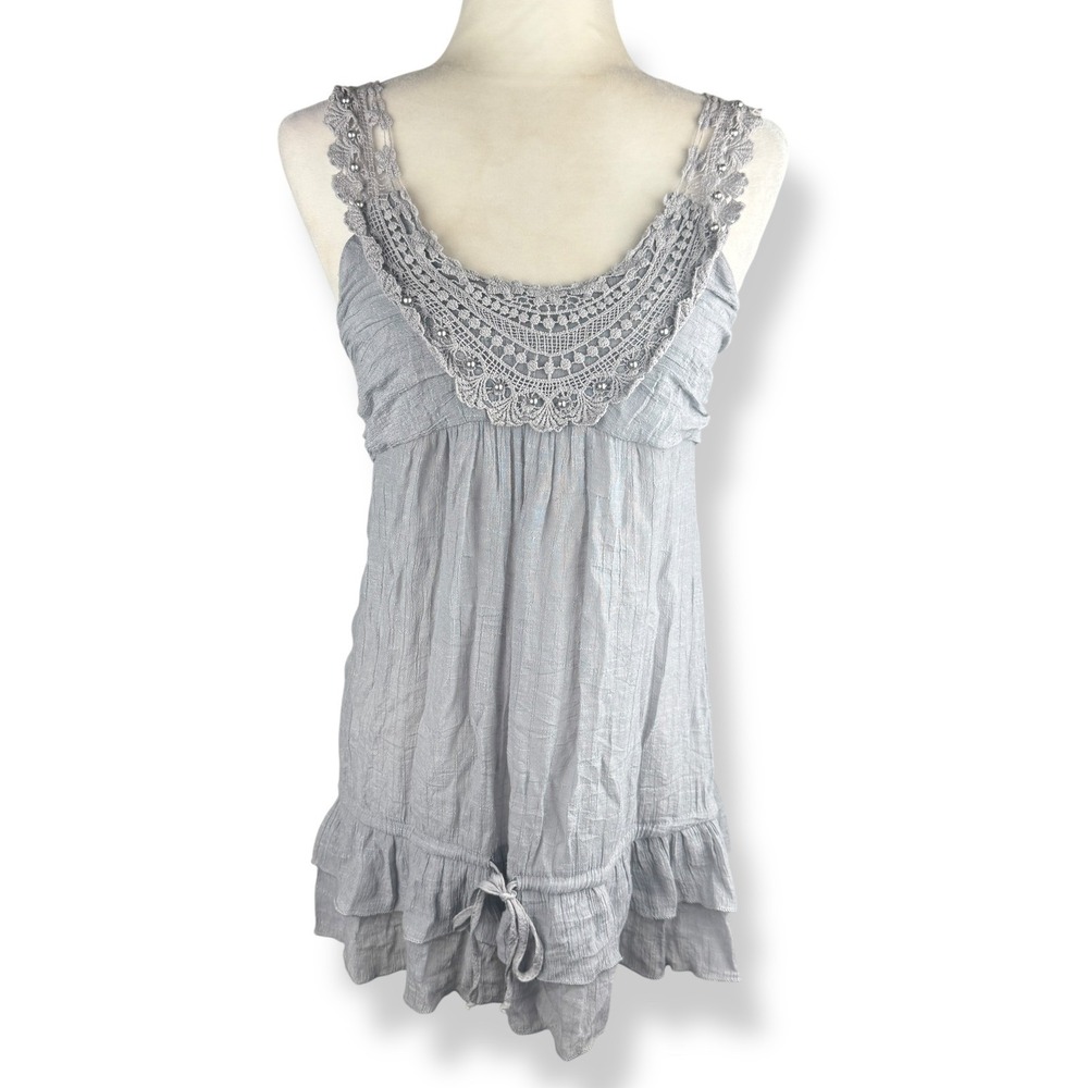 Womens Beaded Babydoll Tunic Top Size Medium Crochet Fairy Ruffles Peasant Boho